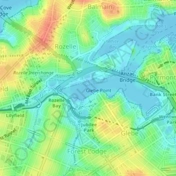 Rozelle Bay topographic map, elevation, terrain