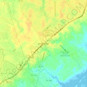 Holly Ridge topographic map, elevation, terrain