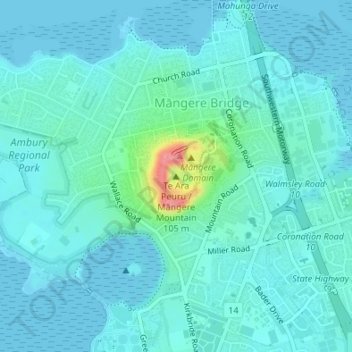 Mangere Mountain topographic map, elevation, terrain