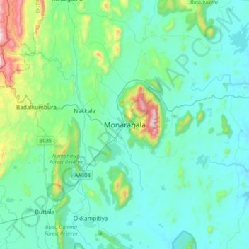 Monaragala topographic map, elevation, terrain