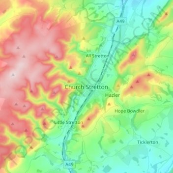 Church Stretton topographic map, elevation, terrain