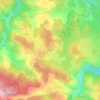 Fouzillac topographic map, elevation, terrain