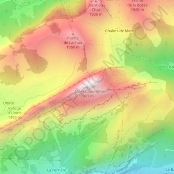 Mont Chauffé topographic map, elevation, terrain