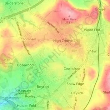 Low Crompton topographic map, elevation, terrain