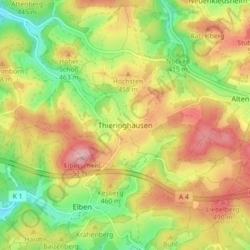 Thieringhausen topographic map, elevation, terrain