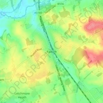 Radlett topographic map, elevation, terrain