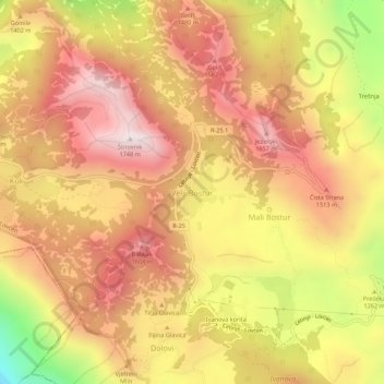 Velji Bostur topographic map, elevation, terrain