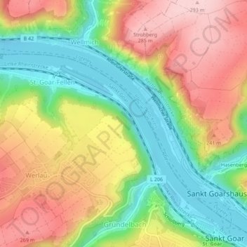Rhine Gorge topographic map, elevation, terrain