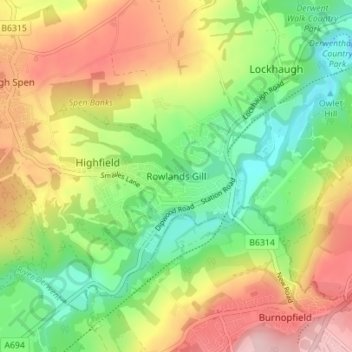 Rowlands Gill topographic map, elevation, terrain