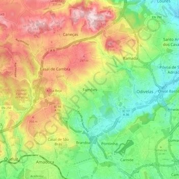 Famões topographic map, elevation, terrain