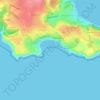 Langland Bay topographic map, elevation, terrain