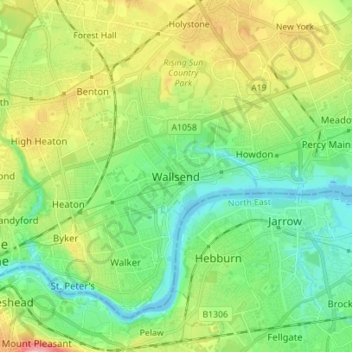 Wallsend topographic map, elevation, terrain