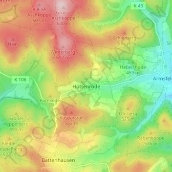 Hüttenrode topographic map, elevation, terrain