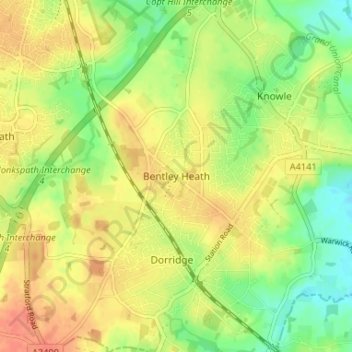 Bentley Heath topographic map, elevation, terrain