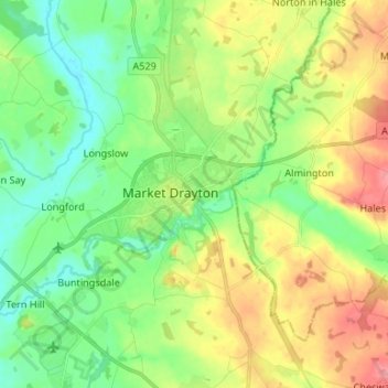 Market Drayton topographic map, elevation, terrain