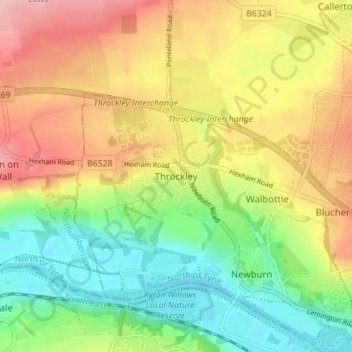 Throckley topographic map, elevation, terrain
