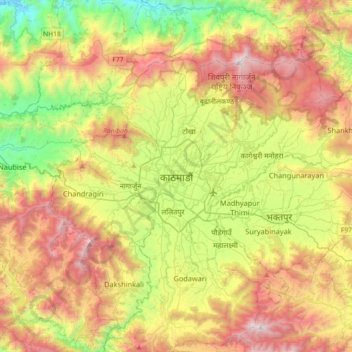 Kathmandu topographic map, elevation, terrain
