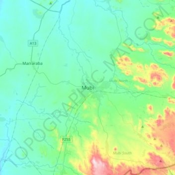 Mubi topographic map, elevation, terrain