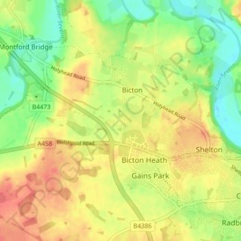 Calcott topographic map, elevation, terrain