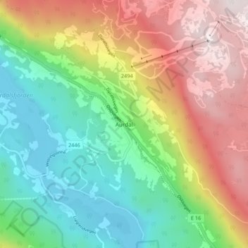 Aurdal topographic map, elevation, terrain