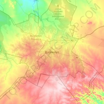 Bulawayo topographic map, elevation, terrain