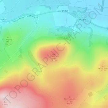 Yeavering Bell topographic map, elevation, terrain