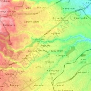Ruaraka topographic map, elevation, terrain