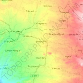 Sukowono topographic map, elevation, terrain