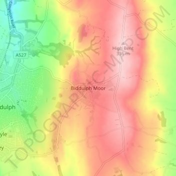 Biddulph Moor topographic map, elevation, terrain