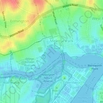 Ermington Bay topographic map, elevation, terrain