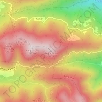 Puig d'Estela topographic map, elevation, terrain