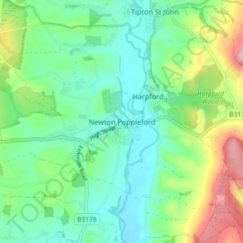 Newton Poppleford topographic map, elevation, terrain