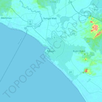 Muar topographic map, elevation, terrain