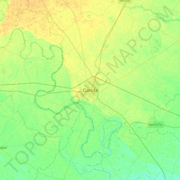 Gonda topographic map, elevation, terrain