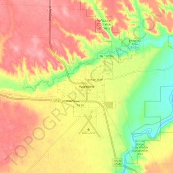 Valentine topographic map, elevation, terrain
