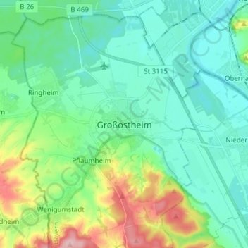 Großostheim topographic map, elevation, terrain