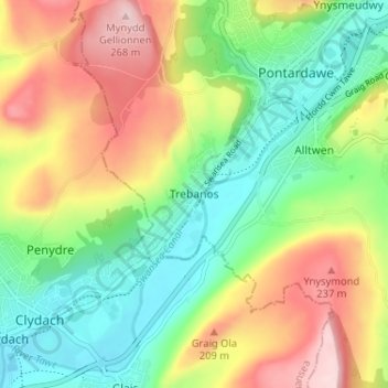 Trebanos topographic map, elevation, terrain