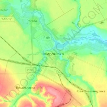 Myronivka topographic map, elevation, terrain