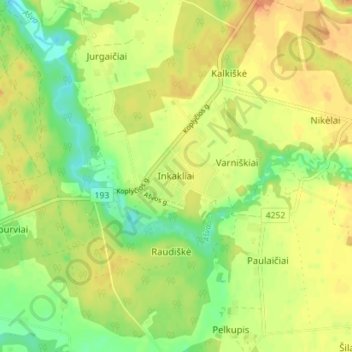Inkakliai topographic map, elevation, terrain