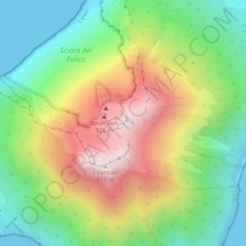 Stromboli Volcano trail topographic map, elevation, terrain