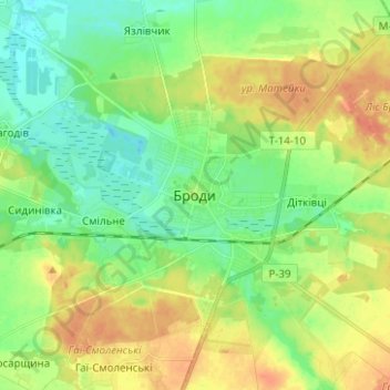 Brody topographic map, elevation, terrain