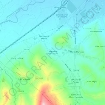 Campanelle-Colle Comune topographic map, elevation, terrain