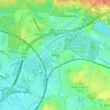 Nimy topographic map, elevation, terrain