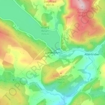 Llanwddyn topographic map, elevation, terrain