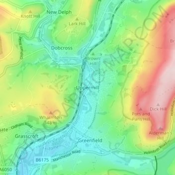 Uppermill topographic map, elevation, terrain