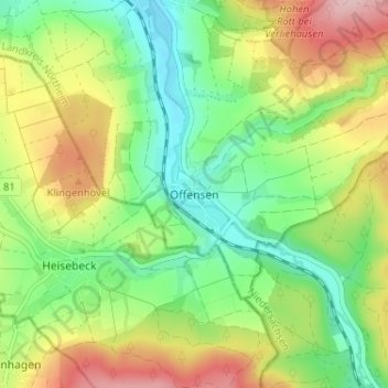 Offensen topographic map, elevation, terrain