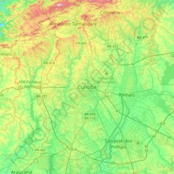 Curitiba topographic map, elevation, terrain