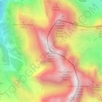 Elferkofel - Cima Undici topographic map, elevation, terrain