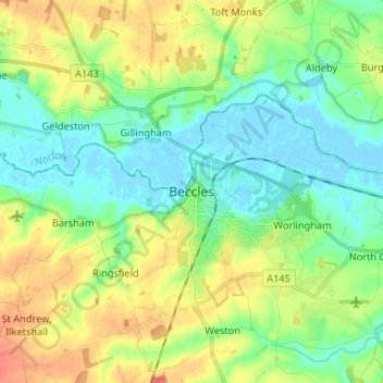 Beccles topographic map, elevation, terrain