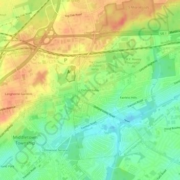 Oxford Valley topographic map, elevation, terrain